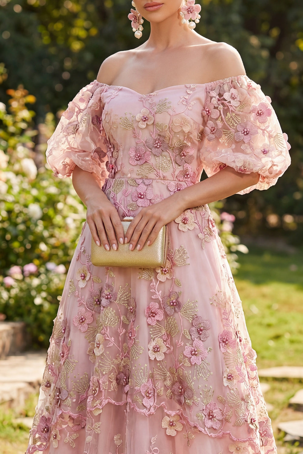 Puff Sleeves Floral Pink Fuchsia A Line Maxi Wedding Guest Dress with Pearls