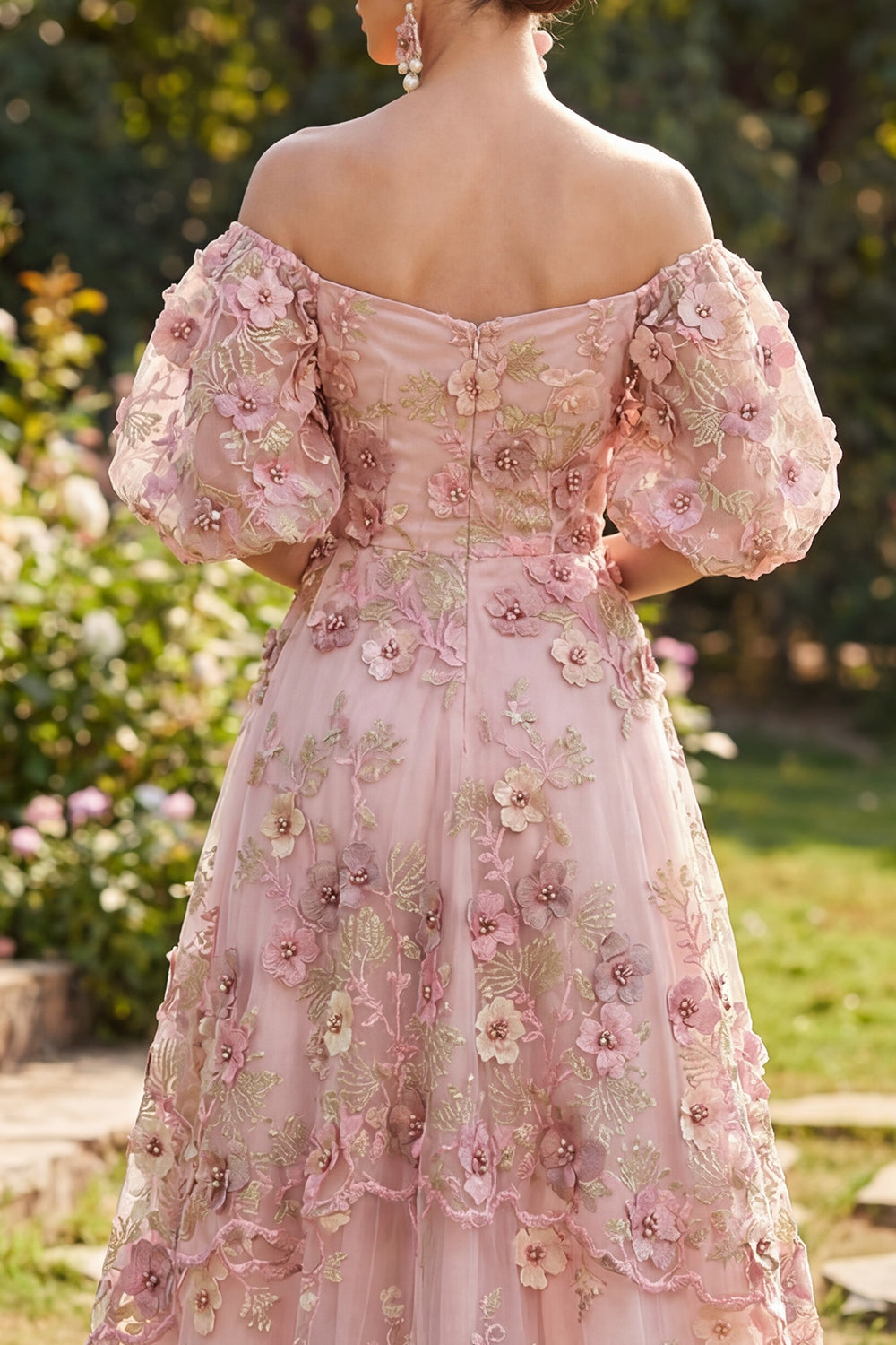 Puff Sleeves Floral Pink Fuchsia A Line Maxi Wedding Guest Dress with Pearls