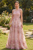 One Shoulder Ruched Floral Pink Fuchsia A Line Maxi Wedding Guest Dress with Pearls