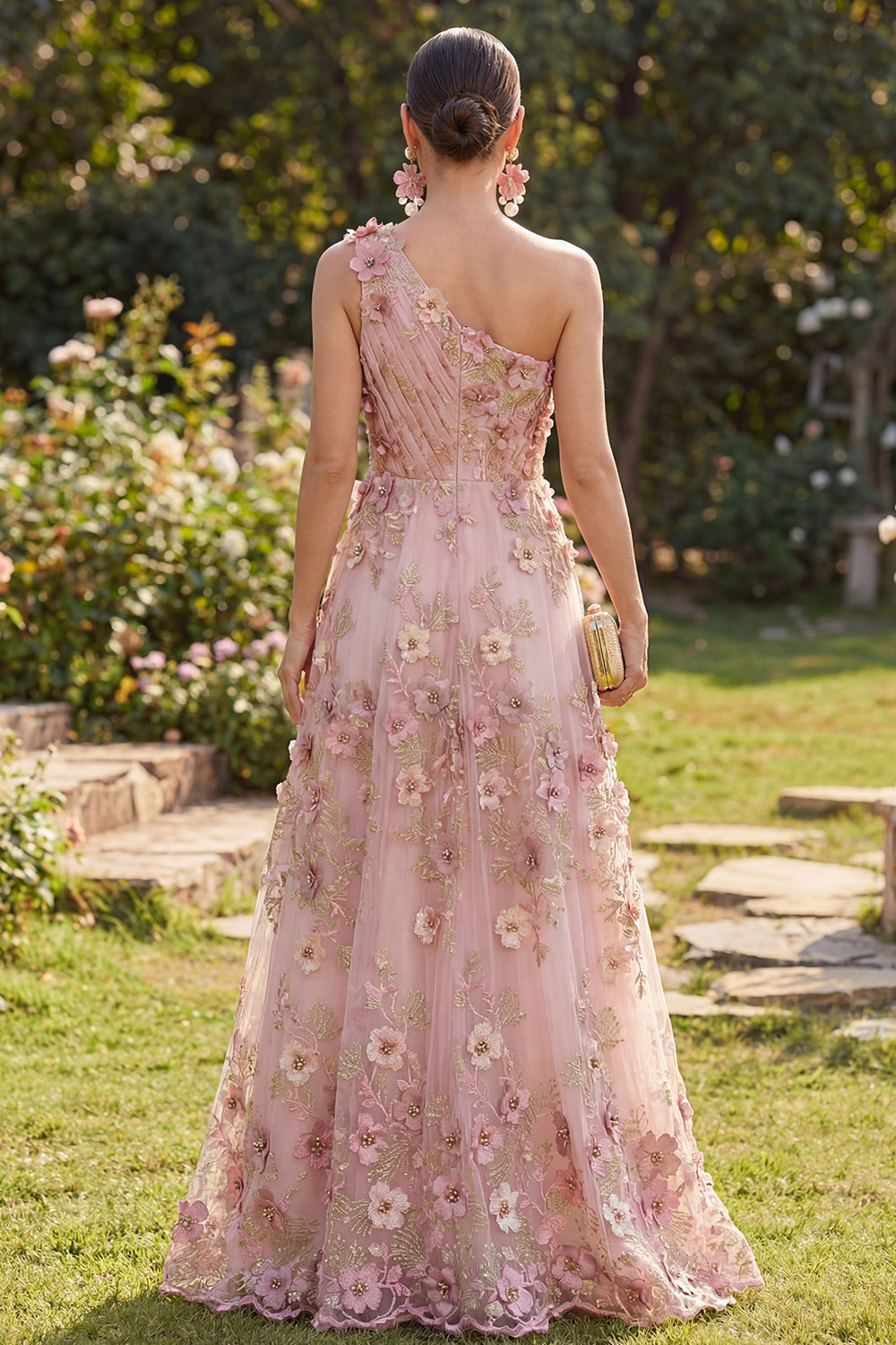 One Shoulder Ruched Floral Pink Fuchsia A Line Maxi Wedding Guest Dress with Pearls