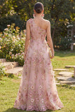 One Shoulder Ruched Floral Pink Fuchsia A Line Maxi Wedding Guest Dress with Pearls