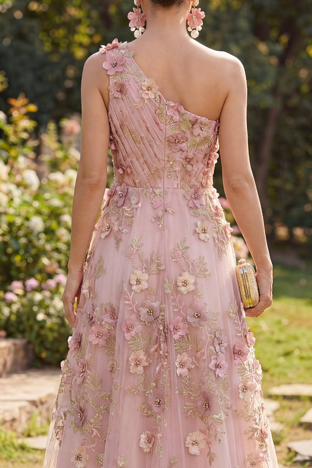 One Shoulder Ruched Floral Pink Fuchsia A Line Maxi Wedding Guest Dress with Pearls
