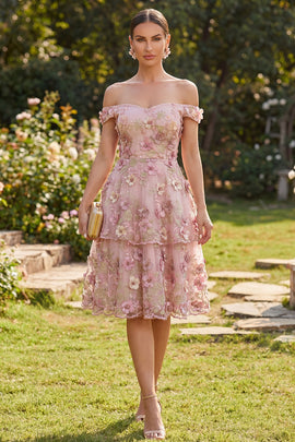 Off the Shoulder Floral Pink Fuchsia Ruffled A Line Midi Wedding Guest Dress with Pearls