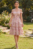 Off the Shoulder Floral Pink Fuchsia Ruffled A Line Midi Wedding Guest Dress with Pearls