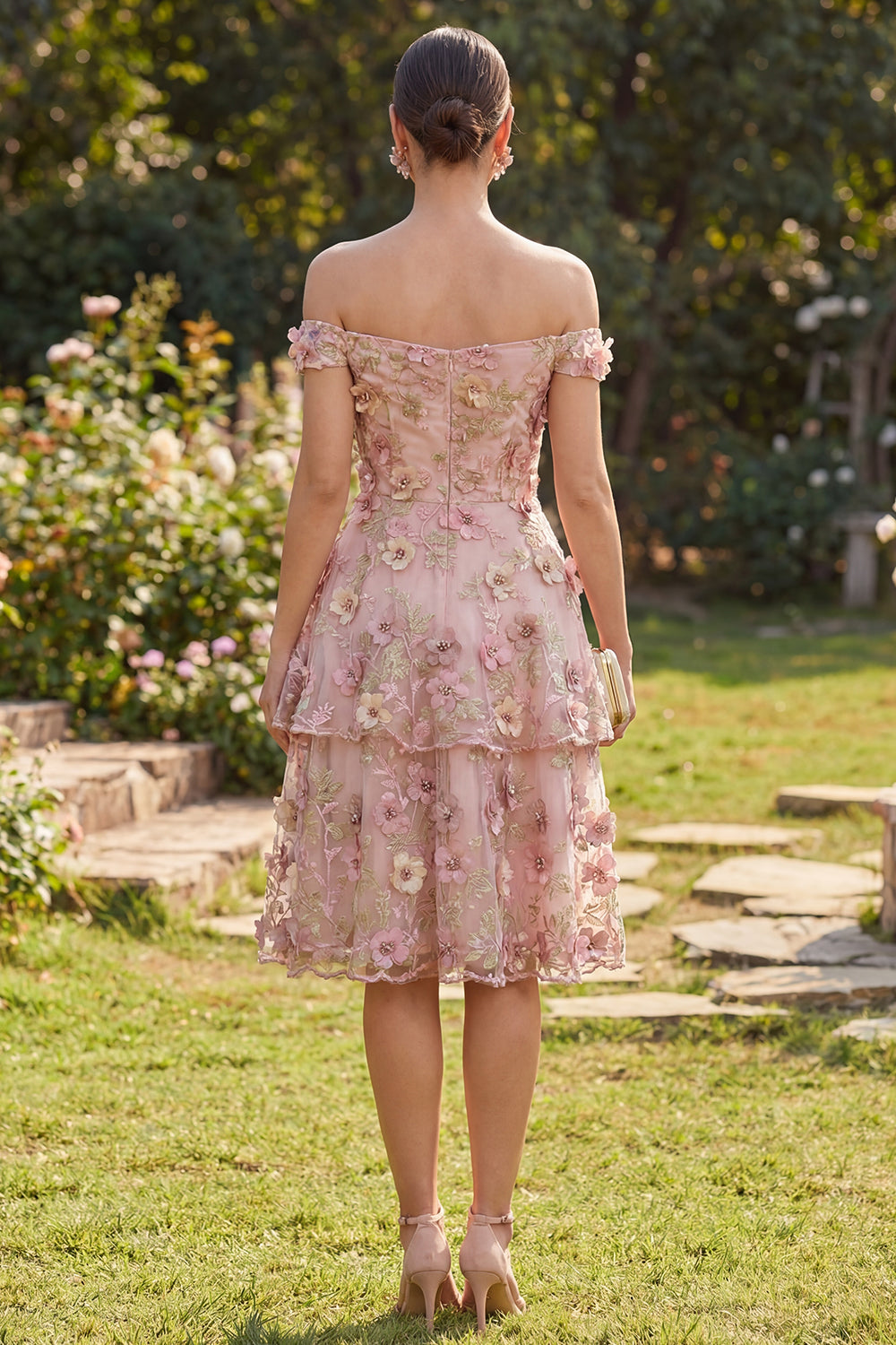 Off the Shoulder Floral Pink Fuchsia Ruffled A Line Midi Wedding Guest Dress with Pearls
