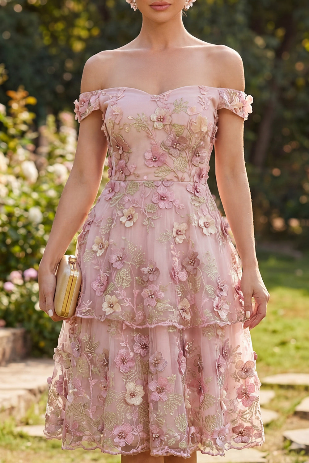 Off the Shoulder Floral Pink Fuchsia Ruffled A Line Midi Wedding Guest Dress with Pearls