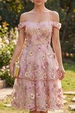 Off the Shoulder Floral Pink Fuchsia Ruffled A Line Midi Wedding Guest Dress with Pearls