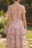Off the Shoulder Floral Pink Fuchsia Ruffled A Line Midi Wedding Guest Dress with Pearls
