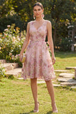 Floral Pink Fuchsia A Line V-Neck Short Wedding Guest Dress with Pearls