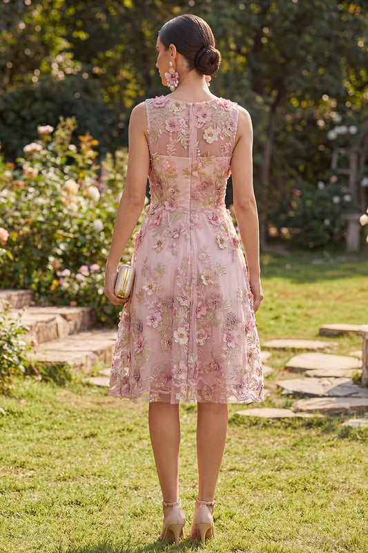 Floral Pink Fuchsia A Line V-Neck Short Wedding Guest Dress with Pearls