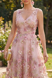 Floral Pink Fuchsia A Line V-Neck Short Wedding Guest Dress with Pearls