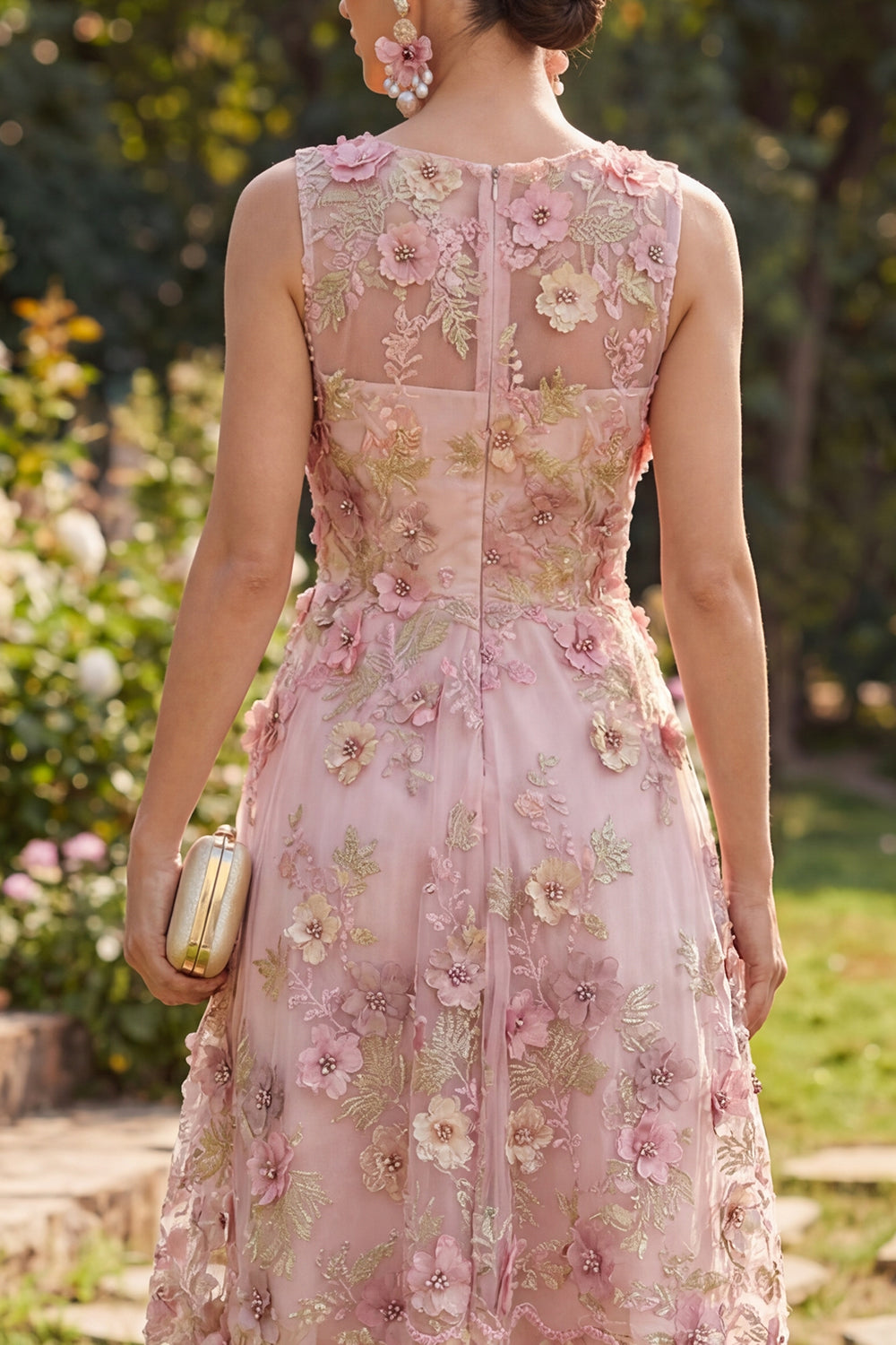 Floral Pink Fuchsia A Line V-Neck Short Wedding Guest Dress with Pearls
