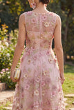 Floral Pink Fuchsia A Line V-Neck Short Wedding Guest Dress with Pearls