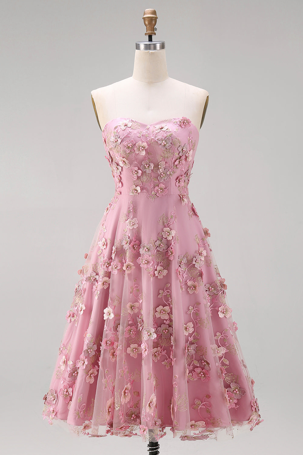 Strapless Floral Pink Fuchsia A Line Midi Wedding Guest Dress with Pearls
