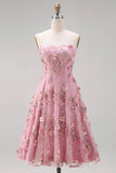 Strapless Floral Pink Fuchsia A Line Midi Wedding Guest Dress with Pearls