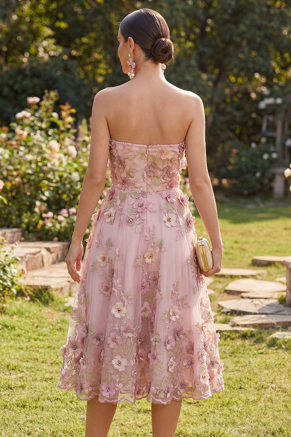 pink floral brocade strapless a line midi dress Juliet JT2737A Floral Print A Line Corset Long Formal Evening Prom Dress