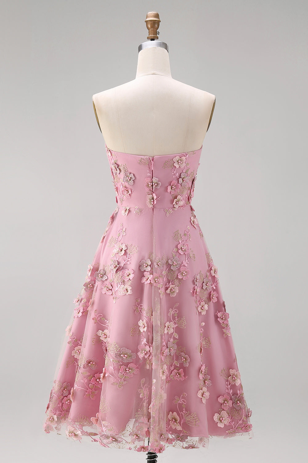 Strapless Floral Pink Fuchsia A Line Midi Wedding Guest Dress with Pearls