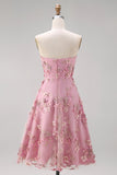Strapless Floral Pink Fuchsia A Line Midi Wedding Guest Dress with Pearls