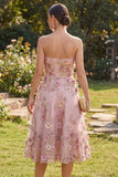 Strapless Floral Pink Fuchsia A Line Midi Wedding Guest Dress with Pearls
