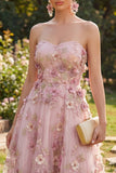Strapless Floral Pink Fuchsia A Line Midi Wedding Guest Dress with Pearls