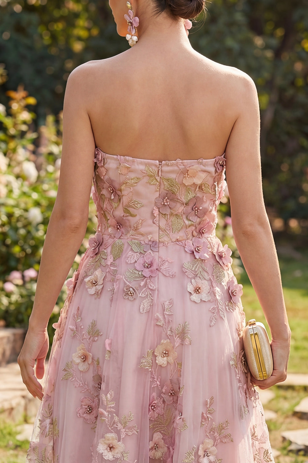 Strapless Floral Pink Fuchsia A Line Midi Wedding Guest Dress with Pearls