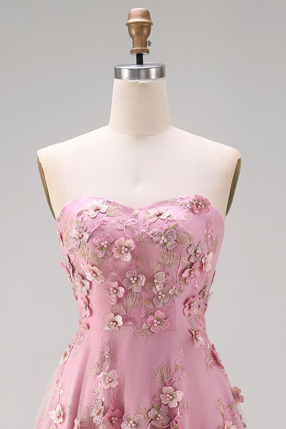Strapless Floral Pink Fuchsia A Line Midi Wedding Guest Dress with Pearls