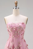Strapless Floral Pink Fuchsia A Line Midi Wedding Guest Dress with Pearls