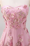Strapless Floral Pink Fuchsia A Line Midi Wedding Guest Dress with Pearls