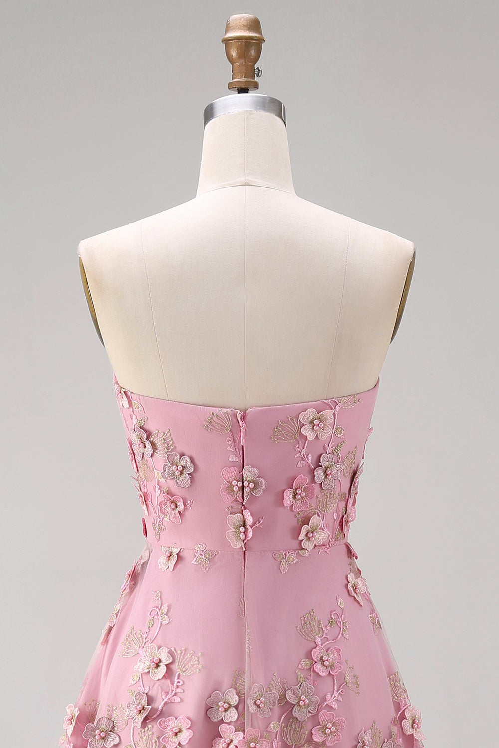 Strapless Floral Pink Fuchsia A Line Midi Wedding Guest Dress with Pearls