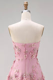 Strapless Floral Pink Fuchsia A Line Midi Wedding Guest Dress with Pearls