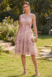 Boat Neck Floral Pink Fuchsia A Line Short Wedding Guest Dress with Pearls