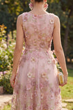Boat Neck Floral Pink Fuchsia A Line Short Wedding Guest Dress with Pearls