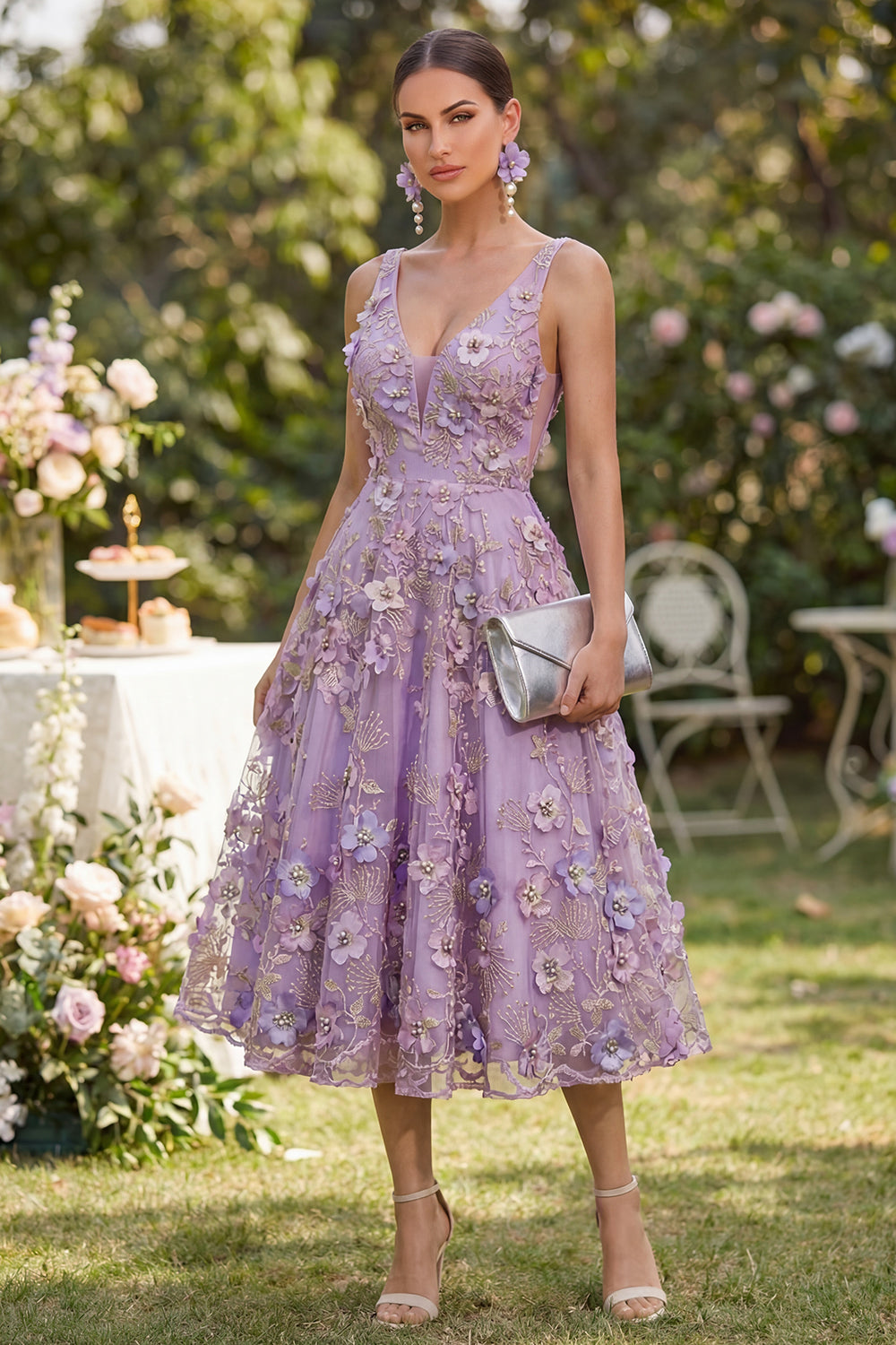 A Line Maxi V-Neck Floral Lilac Wedding Guest Dress with Pearls