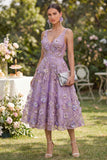 A Line Maxi V-Neck Floral Lilac Wedding Guest Dress with Pearls