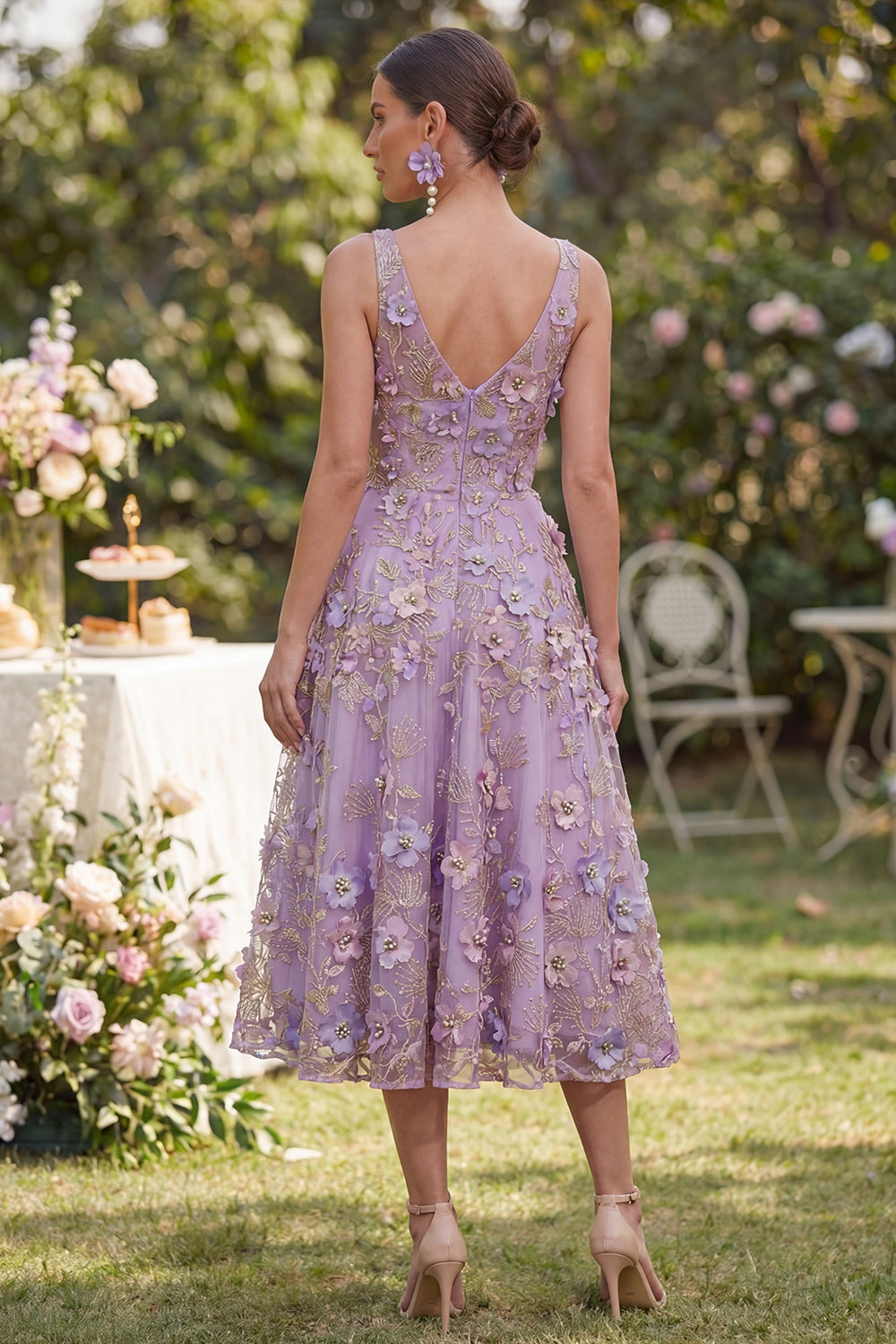 A Line Maxi V-Neck Floral Lilac Wedding Guest Dress with Pearls