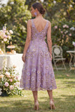 A Line Maxi V-Neck Floral Lilac Wedding Guest Dress with Pearls