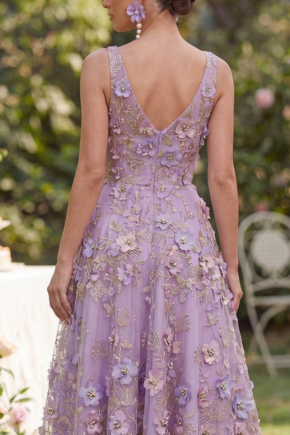 A Line Maxi V-Neck Floral Lilac Wedding Guest Dress with Pearls