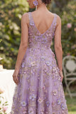 A Line Maxi V-Neck Floral Lilac Wedding Guest Dress with Pearls