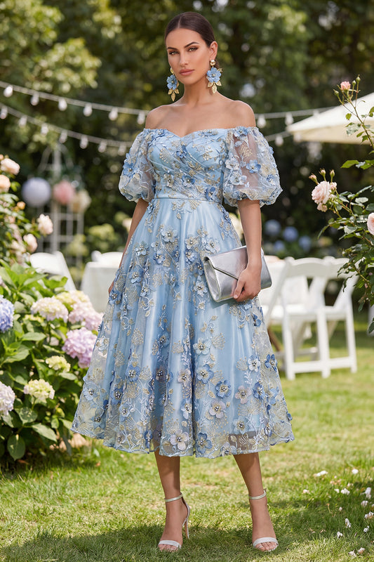Blue Puff Sleeves Floral A Line Ruched Maxi Wedding Guest Dress with Pearls