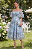 Blue Puff Sleeves Floral A Line Ruched Maxi Wedding Guest Dress with Pearls