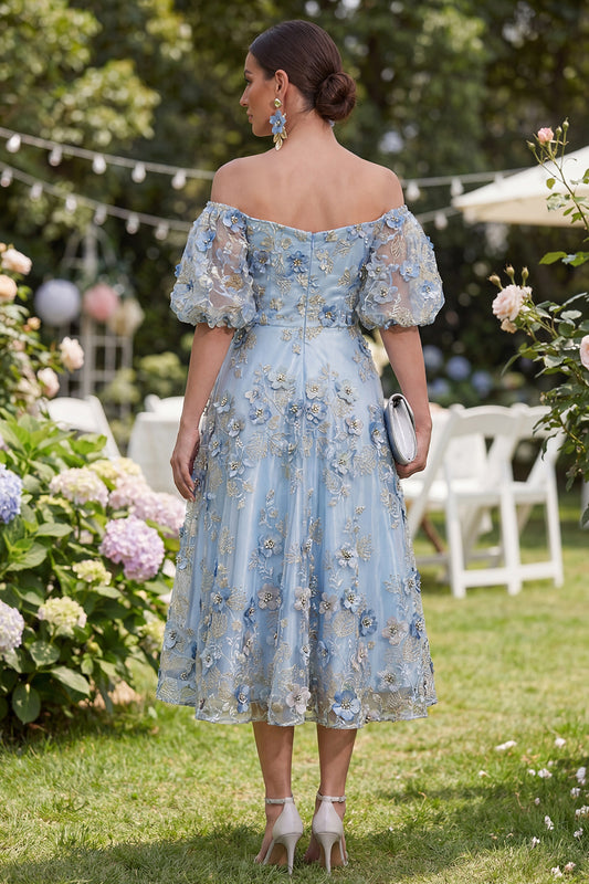 Blue Puff Sleeves Floral A Line Ruched Maxi Wedding Guest Dress with Pearls