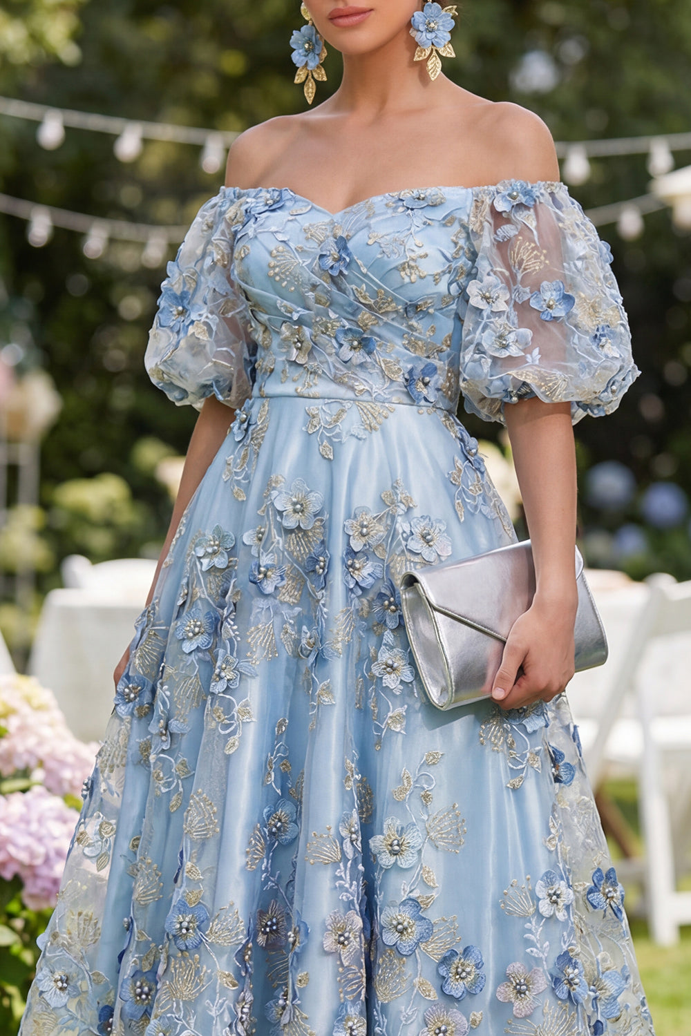 Blue Puff Sleeves Floral A Line Ruched Maxi Wedding Guest Dress with Pearls