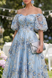 Blue Puff Sleeves Floral A Line Ruched Maxi Wedding Guest Dress with Pearls