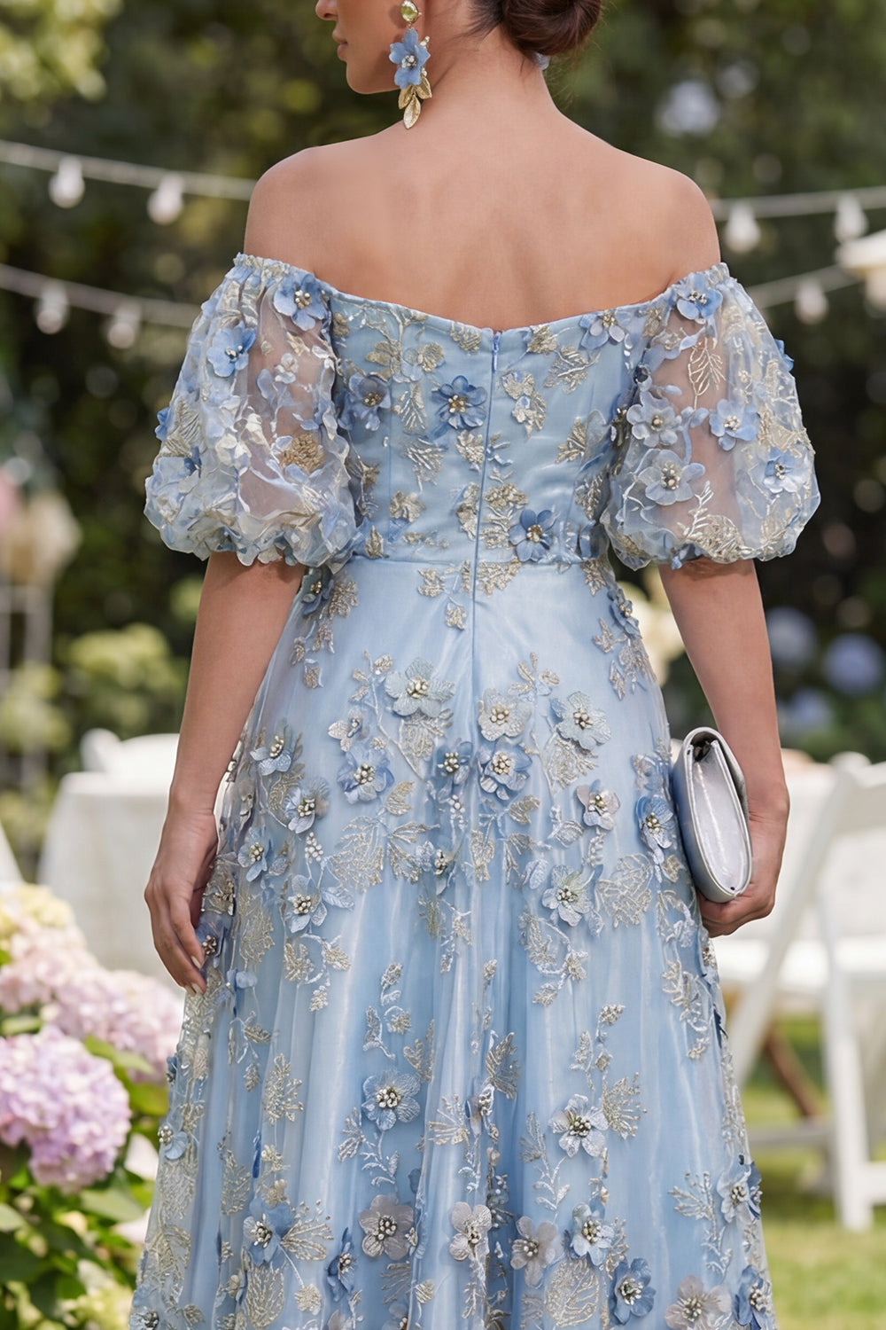 Blue Puff Sleeves Floral A Line Ruched Maxi Wedding Guest Dress with Pearls