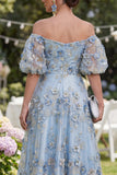 Blue Puff Sleeves Floral A Line Ruched Maxi Wedding Guest Dress with Pearls