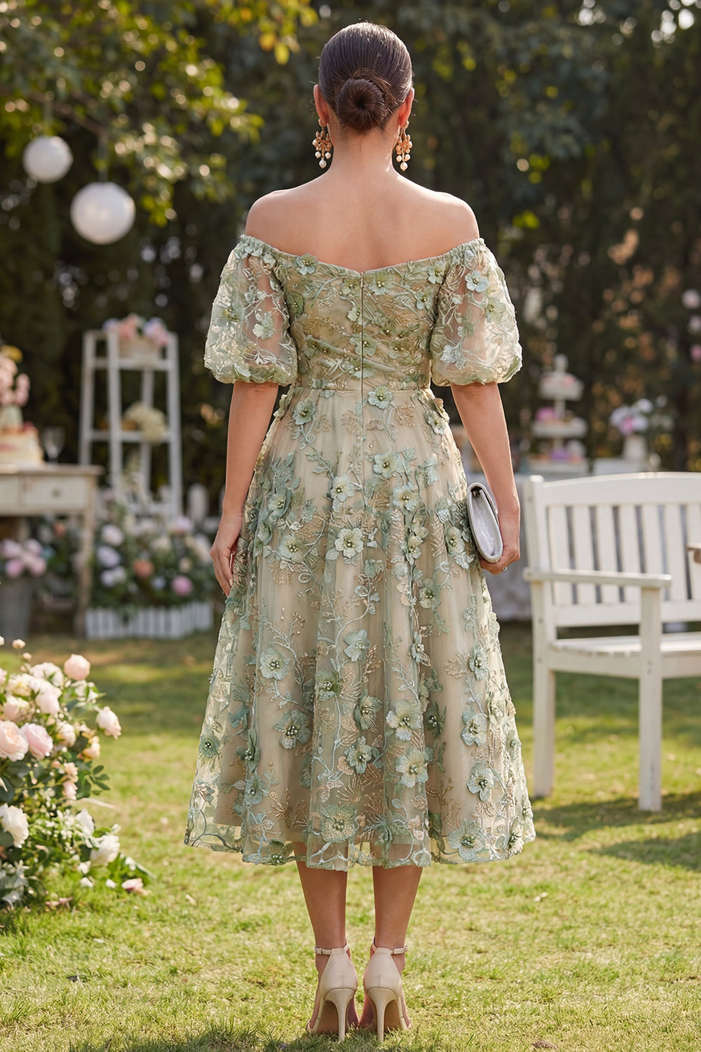 Blue Puff Sleeves Floral A Line Ruched Maxi Wedding Guest Dress with Pearls