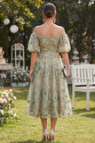 Blue Puff Sleeves Floral A Line Ruched Maxi Wedding Guest Dress with Pearls