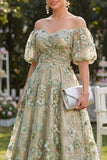 Blue Puff Sleeves Floral A Line Ruched Maxi Wedding Guest Dress with Pearls