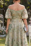 Blue Puff Sleeves Floral A Line Ruched Maxi Wedding Guest Dress with Pearls