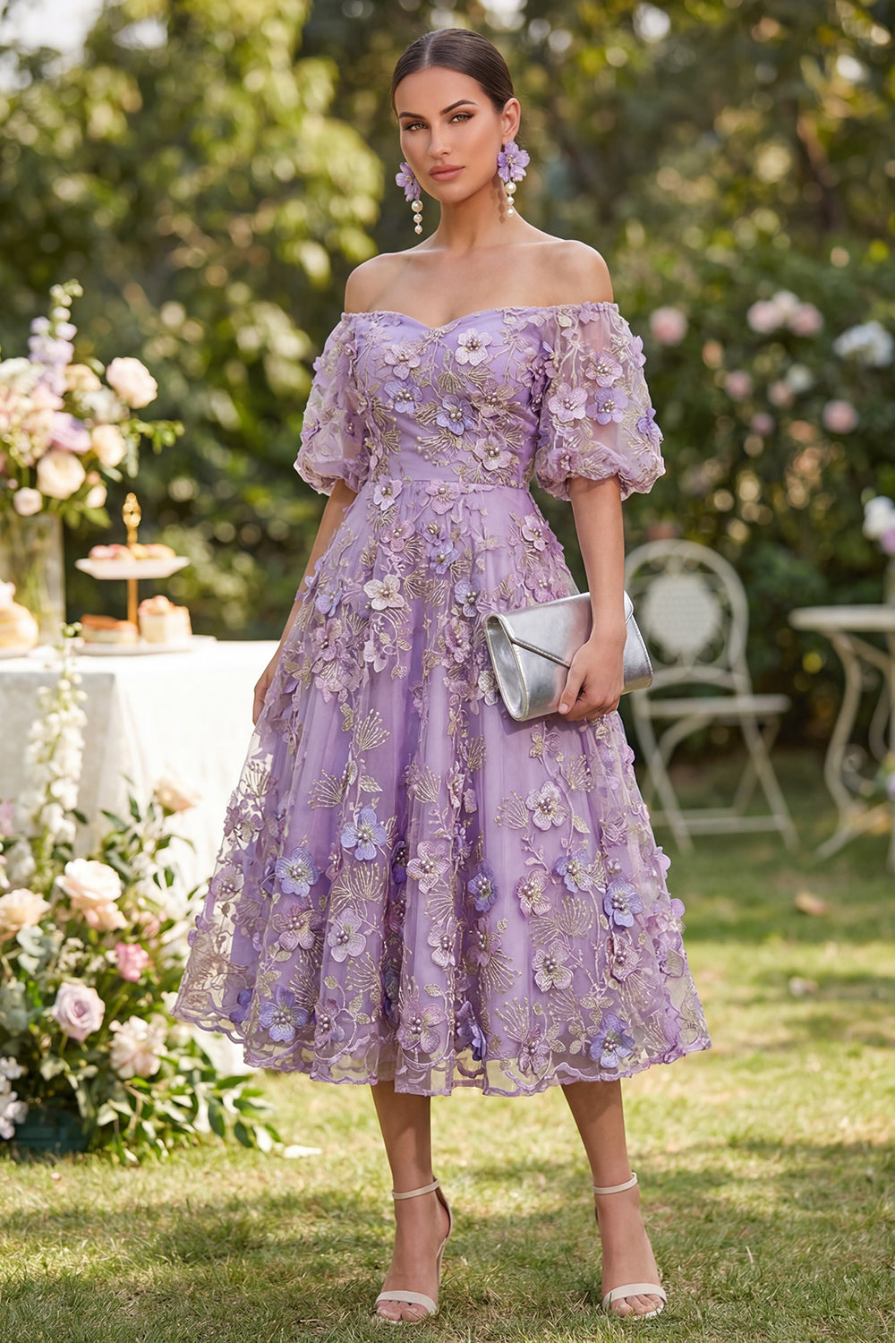 Blue Puff Sleeves Floral A Line Ruched Maxi Wedding Guest Dress with Pearls